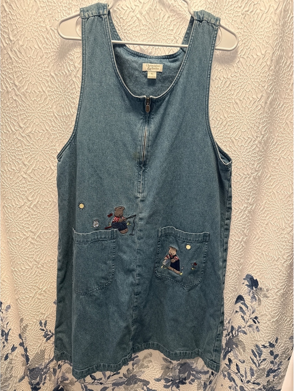 Vintage Christopher & Banks Embroidered Denim Jumper Dress XL Garden Theme 90s